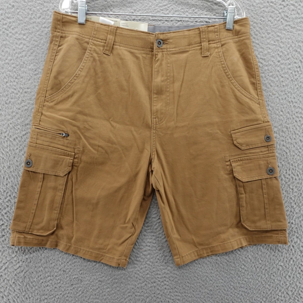 Iron Co Mens Stretch Twill Cargo Shorts 34 Caramel Brown Utility Workwear NEW
